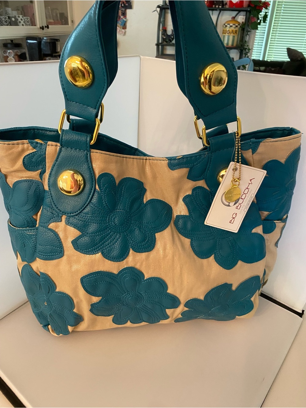 NWT - Big Buddha Teal Floral Appliqué Tote/Shoulder Bag with Gold Accents